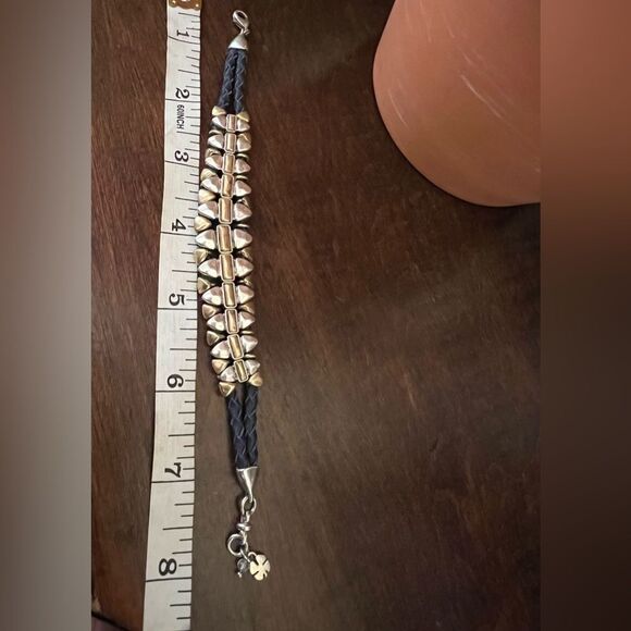 Lucky Brand Two Tone NAVY BLUE Leather Corded Bracelet Toggle metal festival - Picture 5 of 5